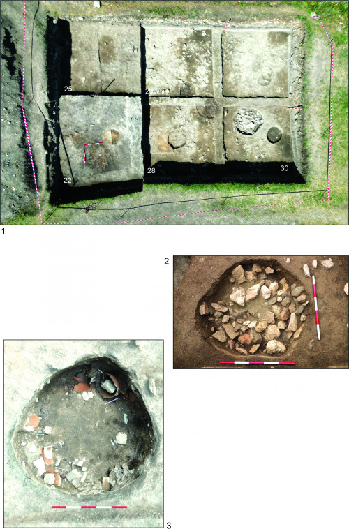 Fig. 1.1. Imagine aeriană a suprafeței cercetate; 2-3. Complexul 273 în diferite stadii de cercetare.